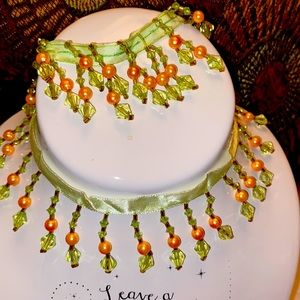 vintage beautiful mint green ribbon with beads and pearls necklace and bracelet